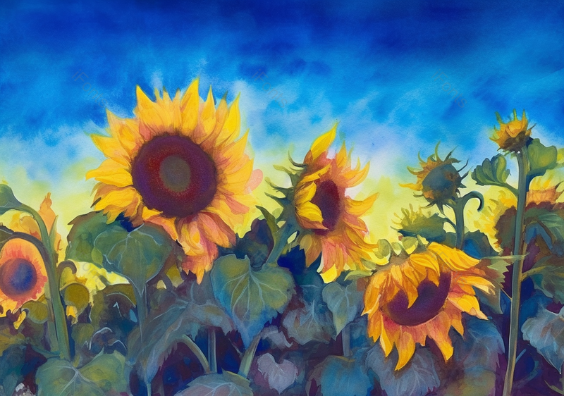 夏日盛开黄色低垂向日葵花田蓝色天空特写水彩插画,插画/手绘图,插画/手绘图库,插画/手绘图下载,插画/手绘